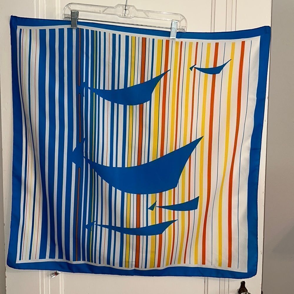 Vintage 70s Gary Gaines Inc blue, white, yellow & orange large polyester scarf